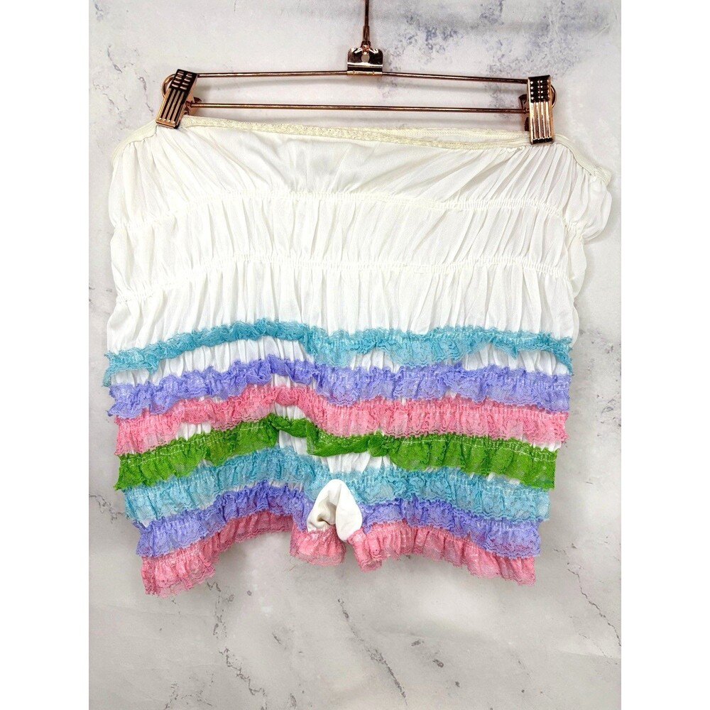 Vintage 60s Ruffled Bloomers Retro White Rainbow Pettipants L Coquette Kawaii